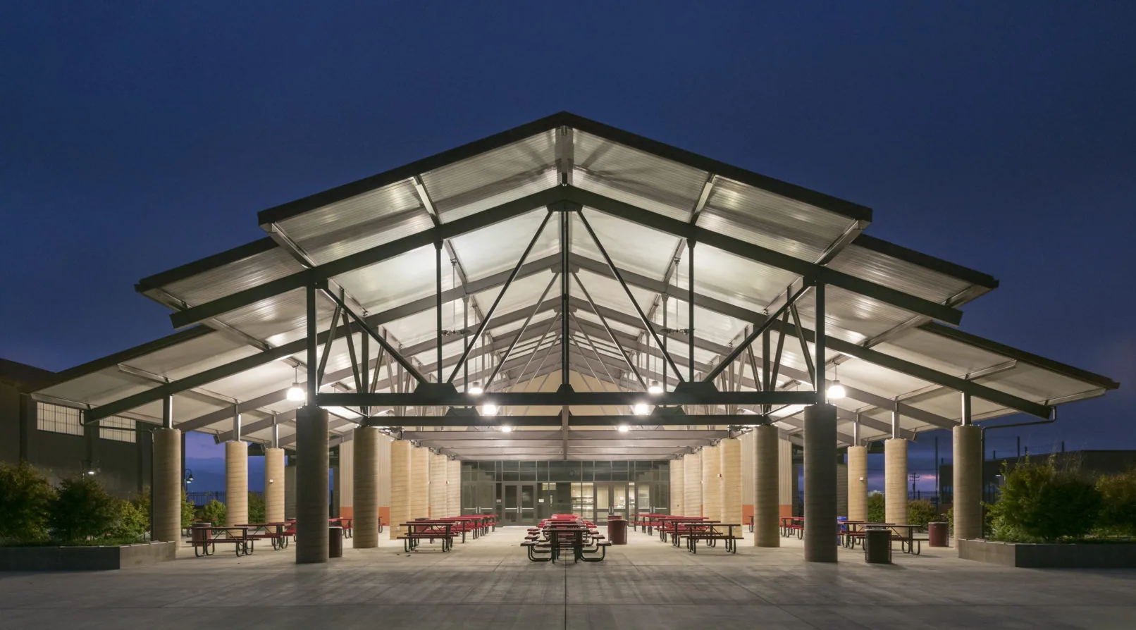 Rancho San Juan High School — covered outdoor gathering space at dusk